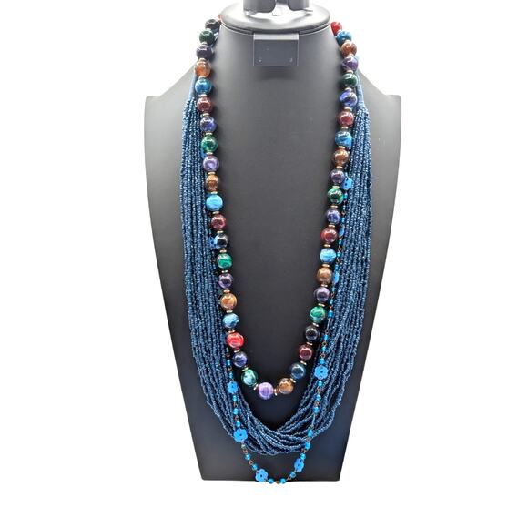 Three Piece Blue Vintage Tribal Boho Look Necklace Layered Lot - Picture 1 of 9